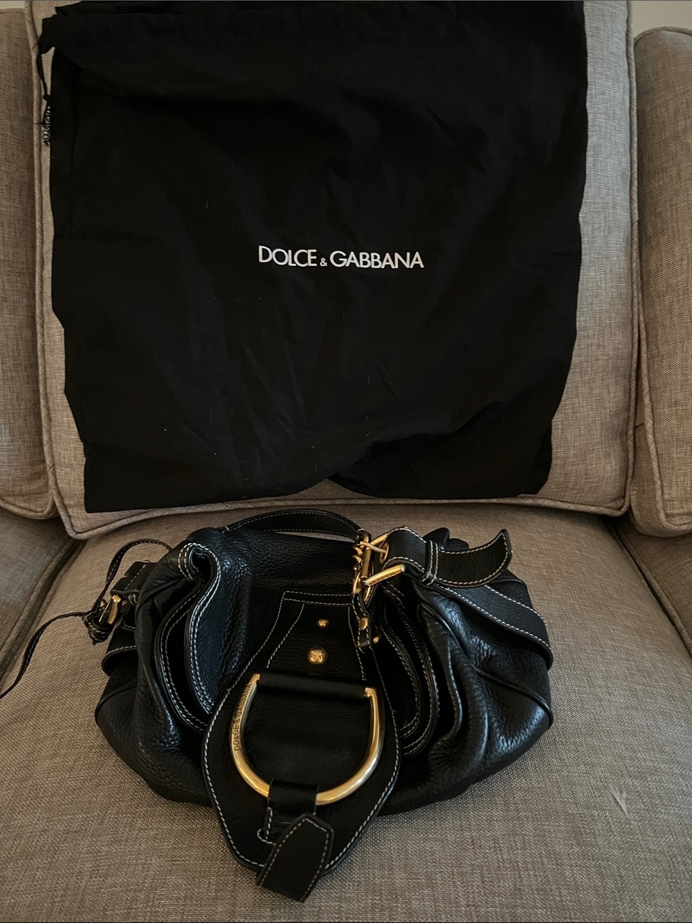 Dolce & Gabbana Black Leather Shoulder Bag with Gold Hardware